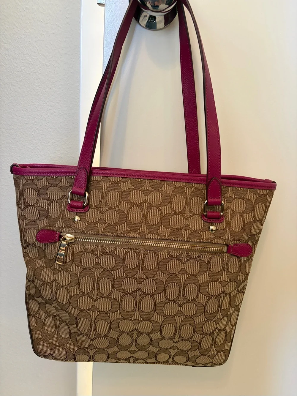 Coach Brown Signature Canvas Tote with Magenta Trim